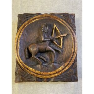 Vintage Hand Carved Gothic Astrology Zodiac Sign Sagittarius Wooden Plaque